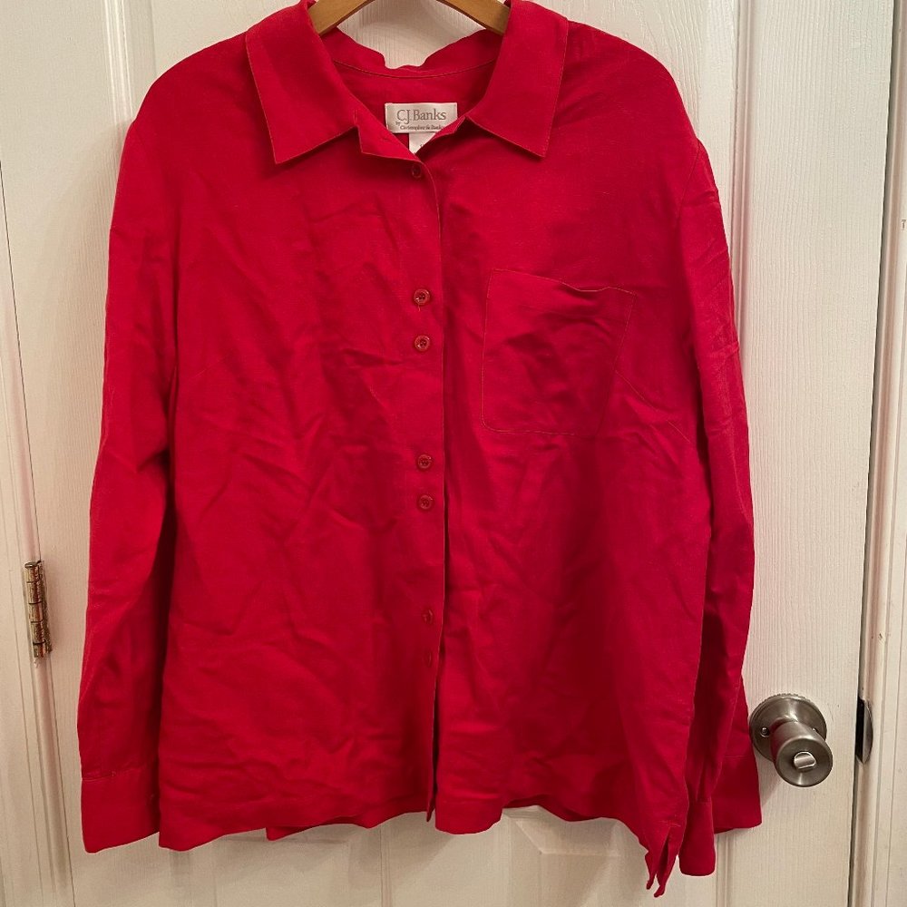 CJ Banks Linen Cotton Blend Button Down Long Sleeve Blouse Size 1X